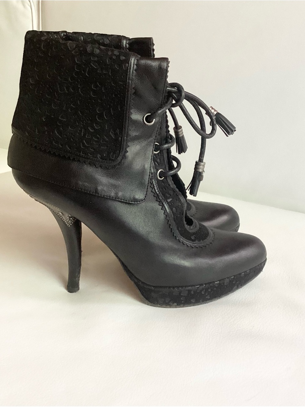Dior Black Lace-Up Foldover Heeled Ankle Boots SZ 7.5